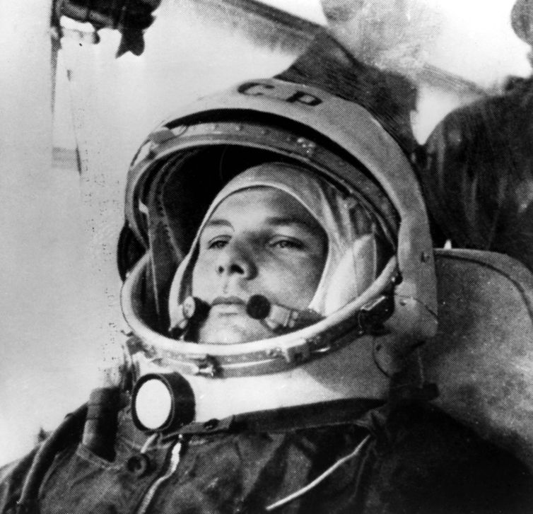 Cosmodrome Space Flight Airfield on April 12th 1961 Space pilot Yuri Gagarin takes the bus to the